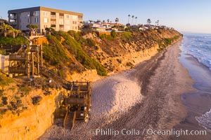 D Street Beach and stairs in Encinitas at Sunset, viewed to the south, aerial photo