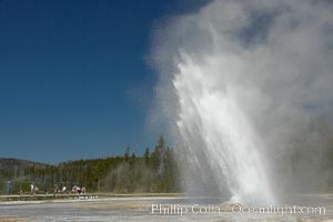 Daisy Geyser erupting with visitors visible in the distance..  Daisy Geyser, a cone-type geyser that shoots out of the ground diagonally, is predictable with intervals ranging from 120 to over 200 minutes.  It reaches heights of 75 feet, lasts 3 to 4 minutes and rarely erupts in concert with nearby Splendid Geyser.  Upper Geyser Basin, Yellowstone National Park, Wyoming