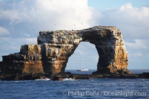 Darwins Arch, a dramatic 50-foot tall natural lava arch, rises above the ocean a short distance offshore of Darwin Island