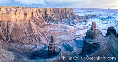 Dawn over the Skyline Rim, Factory Bench and Lower Blue Hills, Utah Badlands. Aerial panoramic photograph
