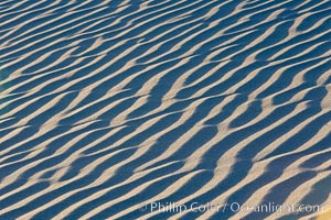 Ripples in sand dunes at sunset, California.  Winds reshape the dunes each day.  Early morning walks among the dunes can yield a look at sidewinder and kangaroo rats tracks the nocturnal desert animals leave behind, Stovepipe Wells, Death Valley National Park