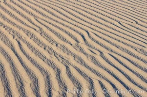 Ripples in sand dunes at sunset, California.  Winds reshape the dunes each day.  Early morning walks among the dunes can yield a look at sidewinder and kangaroo rats tracks the nocturnal desert animals leave behind, Stovepipe Wells, Death Valley National Park