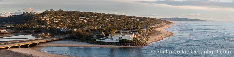 Del Mar beach and homes at sunset, dog beach and San Dieguito lagoon inlet, panoramic photo