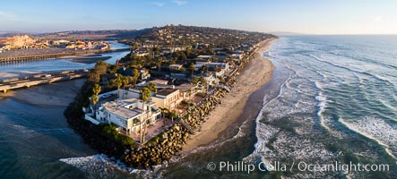 Del Mar Beach at sunset viewed from Dog Beach, aerial photo