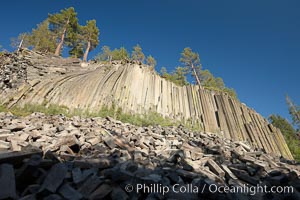 Devil's Postpile, a spectacular example of columnar basalt.  Once molten and under great pressure underground, the lava that makes up Devil's Postpile cooled evenly and slowly, contracting and fracturing into polygonal-sided columns.  The age of the formation is estimated between 100 and 700 thousand years old.  Sometime after the basalt columns formed, a glacier passed over the formation, cutting and polishing the tops of the columns.  The columns have from three to seven sides, varying because of differences in how quickly portions of the lava cooled, Devils Postpile National Monument, California