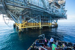 Scuba Divers at Oil Rig Eureka, 8.5 miles off Long Beach, California, lies in 720' of water