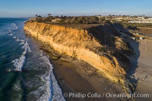 Dog Beach bluff overlooking Del Mar beach, viewed north towards Solana Beach, sunset, aerial photo