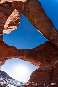 Double Arch, an amazing pair of natural arches formed in the red Entrada sandstone of Arches National Park