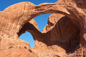 Double Arch, an amazing pair of natural arches formed in the red Entrada sandstone of Arches National Park