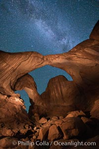 Double Arch and the Milky Way, stars at night, Arches National Park, Utah