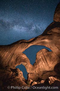 Double Arch and the Milky Way, stars at night, Arches National Park, Utah