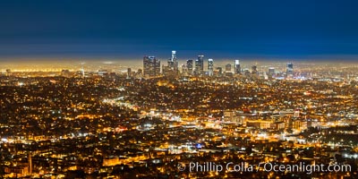 Downtown Los Angeles at night, street lights, buildings light up the night