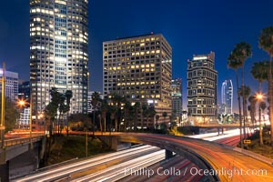 Downtown Los Angeles at night, street lights, buildings light up the night