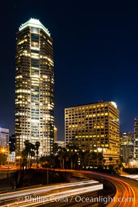 Downtown Los Angeles at night, street lights, buildings light up the night