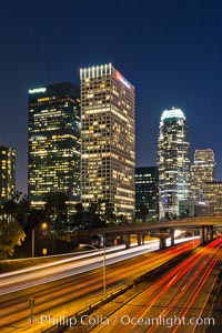 Downtown Los Angeles at night, street lights, buildings light up the night