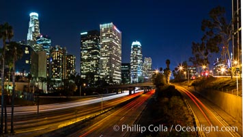 Downtown Los Angeles at night, street lights, buildings light up the night