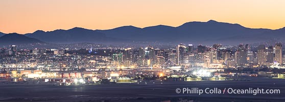 Downtown San Diego City Skyline Before Sunrise, a High Resolution Panorama with Distant Mountains and City Lights