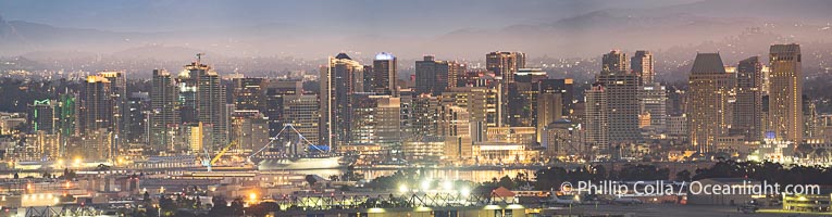 Downtown San Diego City Skyline Before Sunrise, a High Resolution Panorama with Distant Mountains and City Lights