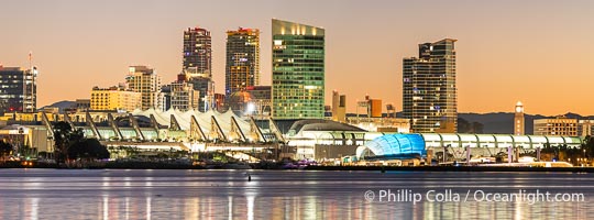 San Diego Convention Center Skyline and Waterfront at Sunrise. San Diego Convention Center, located in the Marina District of downtown San Diego. Built in 1989, the San Diego Convention Center offers 525,700 square feet of exhibit space. It is noted for its distinctive "sails" made of Teflon-coated fiberglass suspended over the central exhibition hall, aptly named Sails Pavilion