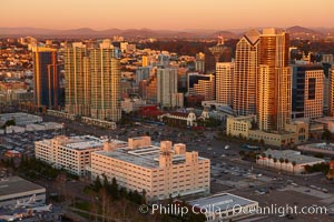 Downtown San Diego at sunset, with Pacific Highway passing through the center