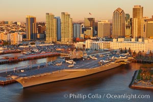 Aerial photo of downtown San Diego and USS Midway aircraft carrier museum.