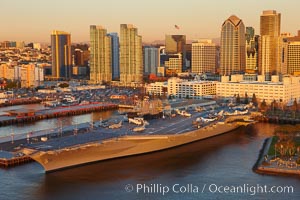 Downtown San Diego and USS Midway.  The USS Midway was a US Navy aircraft carrier, launched in 1945 and active through the Vietnam War and Operation Desert Storm, as of 2008 a museum along the downtown waterfront in San Diego