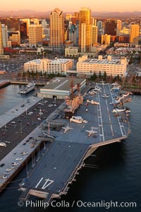 Downtown San Diego and USS Midway.  The USS Midway was a US Navy aircraft carrier, launched in 1945 and active through the Vietnam War and Operation Desert Storm, as of 2008 a museum along the downtown waterfront in San Diego