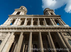 Eglise Saint-Sulpice. Saint-Sulpice is a Roman Catholic church in Paris, France, on the east side of the Place Saint-Sulpice, in the Luxembourg Quarter of the VIe arrondissement. At 113 metres long, 58 metres in width and 34 metres tall, it is only slightly smaller than Notre-Dame and thus the second largest church in the city