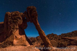 Elephant arch and stars at night, moonlight, Valley of Fire State Park