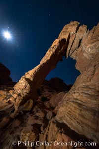 Elephant arch and stars at night, moonlight, Valley of Fire State Park