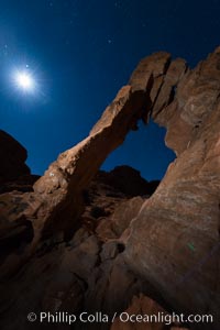 Elephant arch and stars at night, moonlight, Valley of Fire State Park