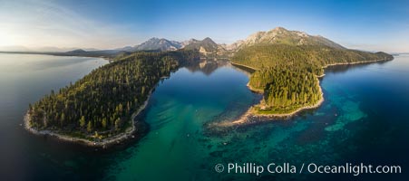 Emerald Bay Lake Tahoe, aerial panoramic photo of the mouth of the bay, early morning