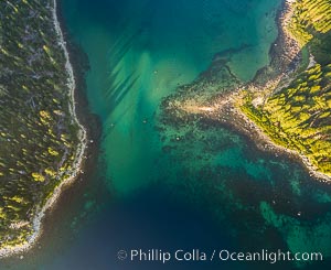 Emerald Bay Lake Tahoe, aerial panoramic photo of the mouth of the bay, early morning