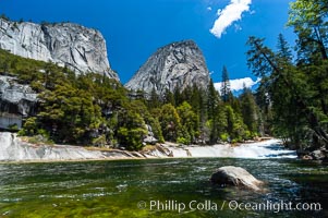 The Emerald Pool forms in the Merced River just above Vernal Falls.  Unfortunately, a few careless hikers have tried swimming in Emerald Pool only to be swept downstream and plunge over Vernals Falls to their deaths, Yosemite National Park, California