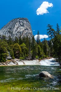 The Emerald Pool forms in the Merced River just above Vernal Falls.  Unfortunately, a few careless hikers have tried swimming in Emerald Pool only to be swept downstream and plunge over Vernals Falls to their deaths. Yosemite National Park, Spring