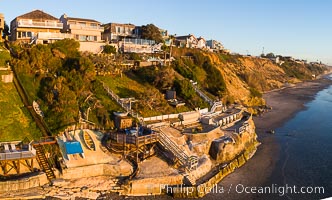 Encinitas coastline with seawalls and stairs, aerial photo