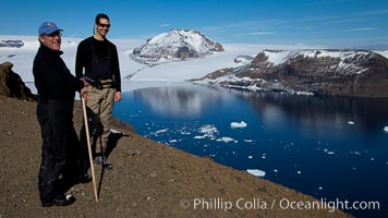 Enjoying a sunny warm day on the summit of Devil Island, with the cliffs of Vega Island in the distance