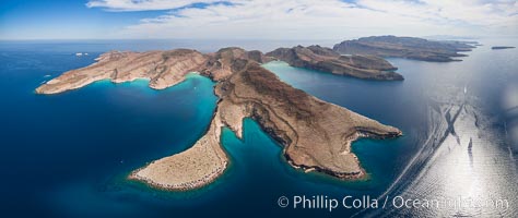 Ensenada Grande, Isla Partida, Sea of Cortez. From left to right: Punta Tintorera, Ensenada Grande, Punta Tijeretas, Las Cuevitas, El Cardonal. Los Islotes visible in distance at upper left