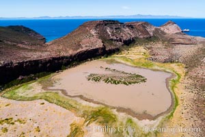 Ephemeral Lake atop Summit Mesa, Isla Partida, aerial view, Sea of Cortez, Baja California