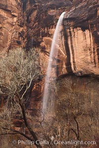 An ephemeral waterfall in Zion Canyon.  In a few hours this waterfall will cease only to return with the next rainstorm, Zion National Park, Utah