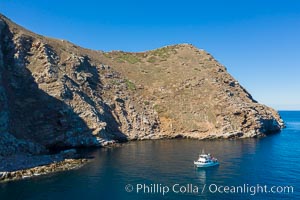 Boat at anchor at Lobster Shack Cove, Aerial Photo of North Coronado Island, Baja California, Mexico, Coronado Islands (Islas Coronado)