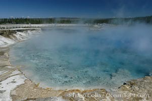 Excelsior Geyser, now dormant, was formerly the worlds largest geyser.  It still produces immense runoff into the Firehole River: 4,500 gallons per minute, or 6 million gallons per day.  It is located in Midway Geyser Basin, Yellowstone National Park, Wyoming