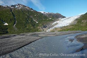 Exit Creek, the meltwaters of Exit Glacier, flow over the gravel plains over which the glacier has receded, Kenai Fjords National Park, Alaska