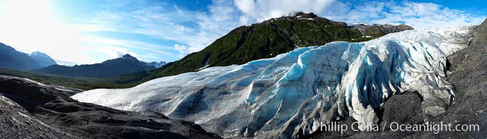 Panorama of Exit Glacier, the terminus of the glacier.  Exit Glacier, one of 35 glaciers that are spawned by the enormous Harding Icefield, is the only one that can be easily reached on foot, Kenai Fjords National Park, Alaska