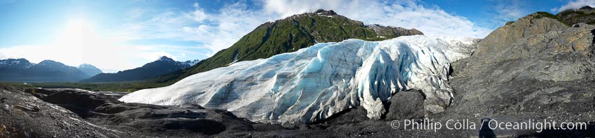 Panorama of Exit Glacier, the terminus of the glacier.  Exit Glacier, one of 35 glaciers that are spawned by the enormous Harding Icefield, is the only one that can be easily reached on foot, Kenai Fjords National Park, Alaska