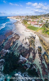 Exposed reef near Windansea, seen during King Low Tide, aerial panoramic photo