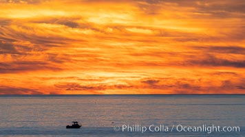 Fiery Sunset and Fishing Boat at Sea, Carlsbad