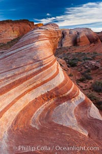 The Fire Wave, a beautiful sandstone formation exhibiting dramatic striations, striped layers in the geologic historical record.