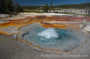 Firehole Spring bubbles and splashes continuously as superheated steam rises through the pool.  Firehole Spring is located along Firehole Lake Drive, Lower Geyser Basin, Yellowstone National Park, Wyoming