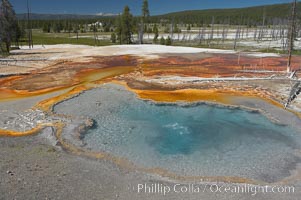 Firehole Spring bubbles and splashes continuously as superheated steam rises through the pool.  Firehole Spring is located along Firehole Lake Drive, Lower Geyser Basin, Yellowstone National Park, Wyoming